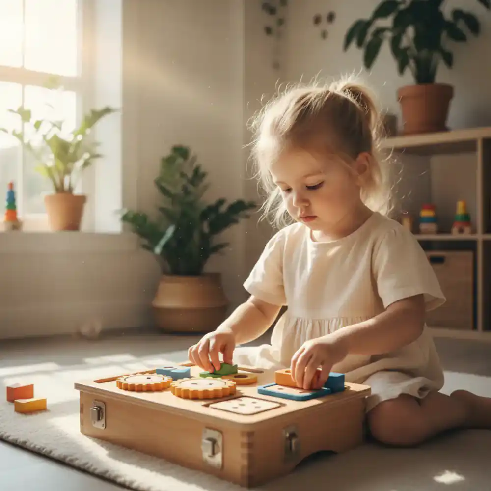 Niña concentrada jugando con un tablero Montessori de madera