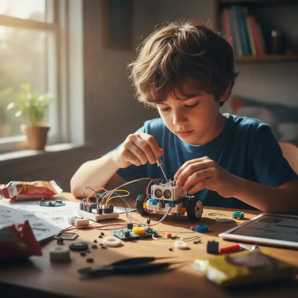 Niño ensamblando un pequeño robot