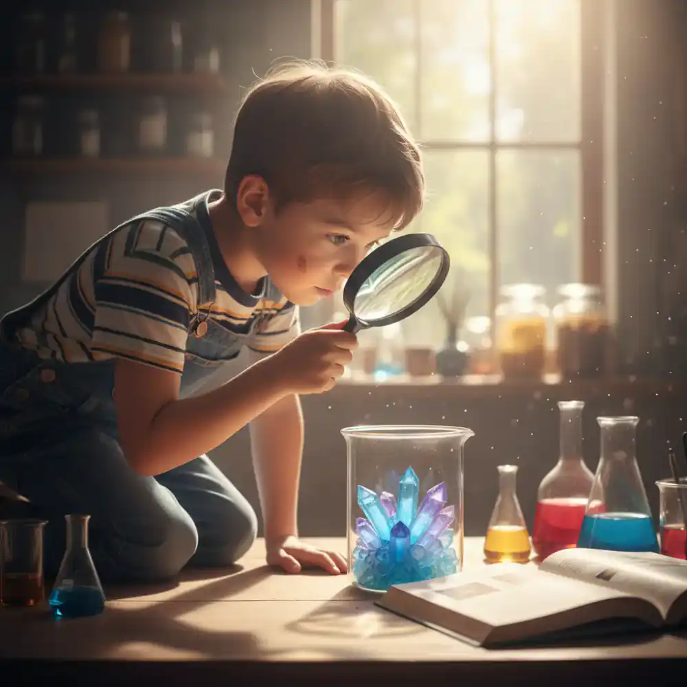 Niño observando el crecimiento de un cristal con lupa