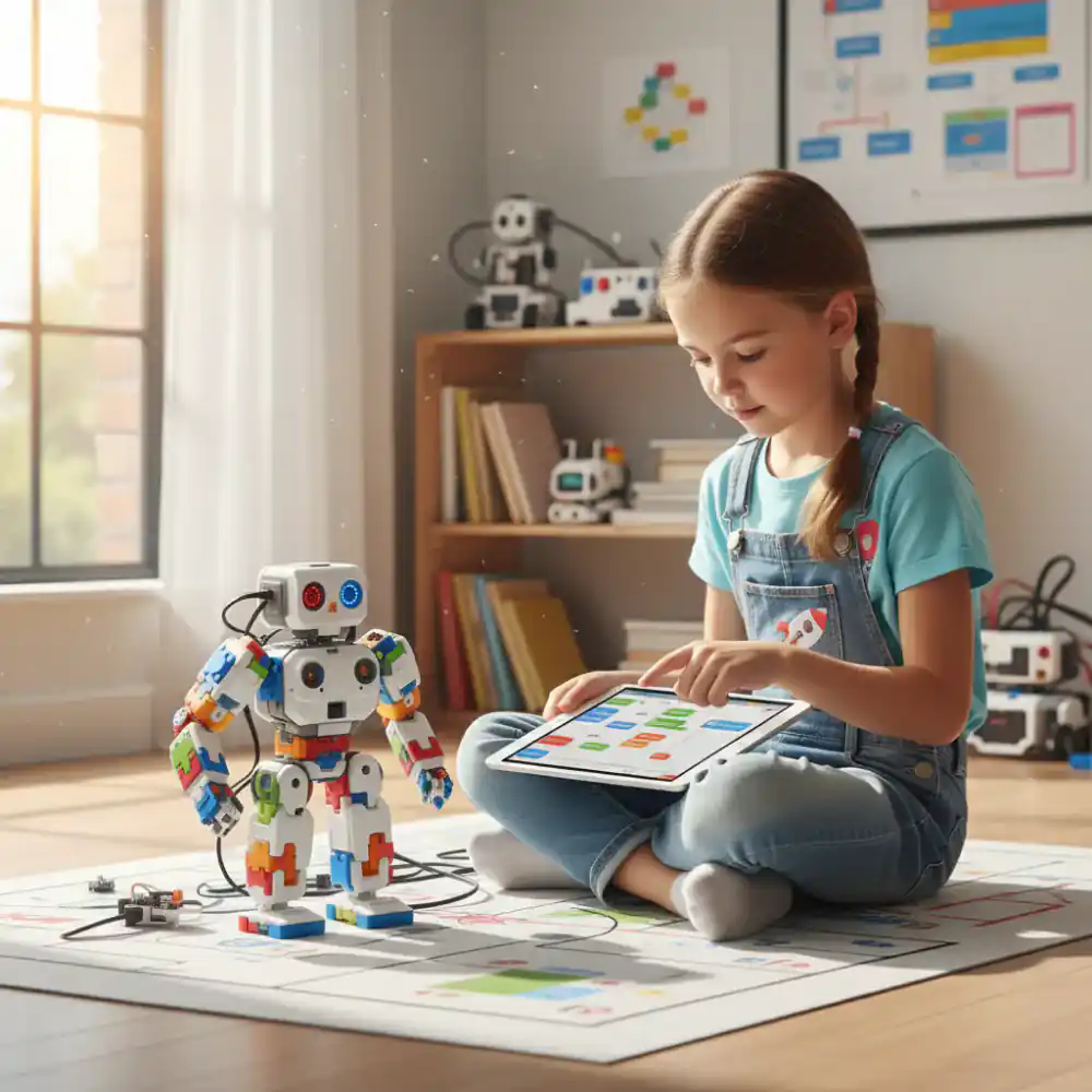 Niña programando secuencias en un robot educativo