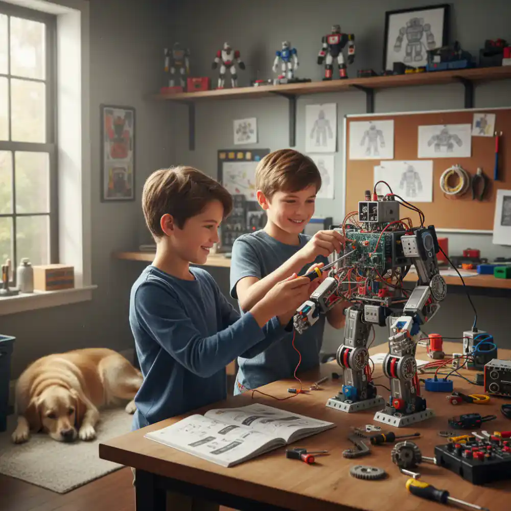 Hermanos armando un robot