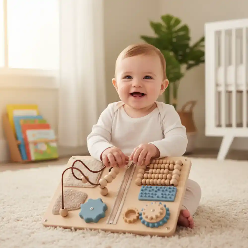 Bebé jugando con tablero sensorial Montessori