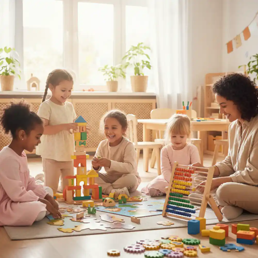 Niños divirtiéndose y aprendiendo con juguetes educativos