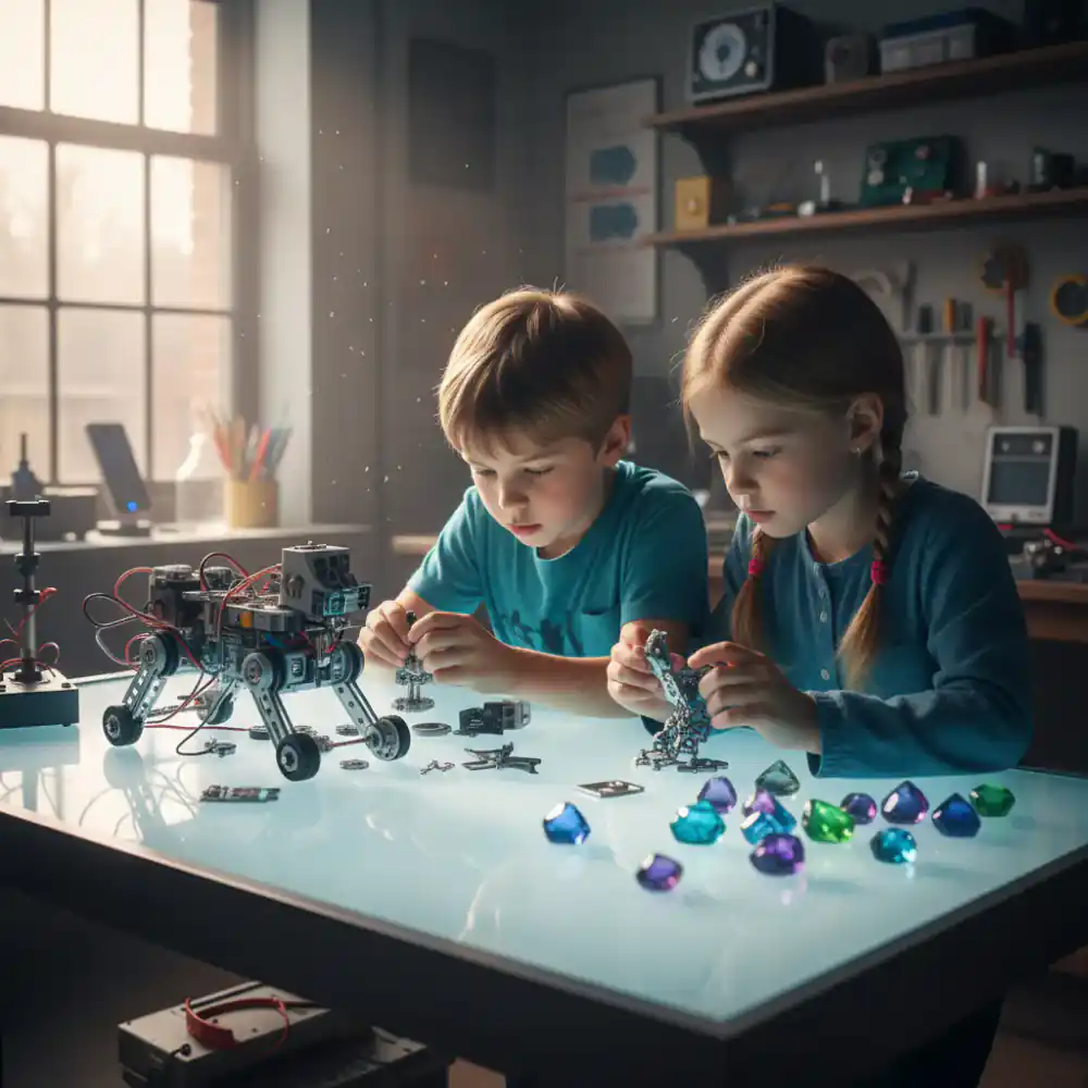 Dos niños concentrados montando un robot y observando cristales en una mesa luminosa