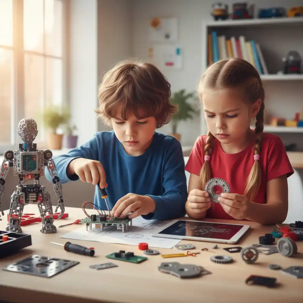 Dos niños concentrados armando un robot en una mesa de madera clara