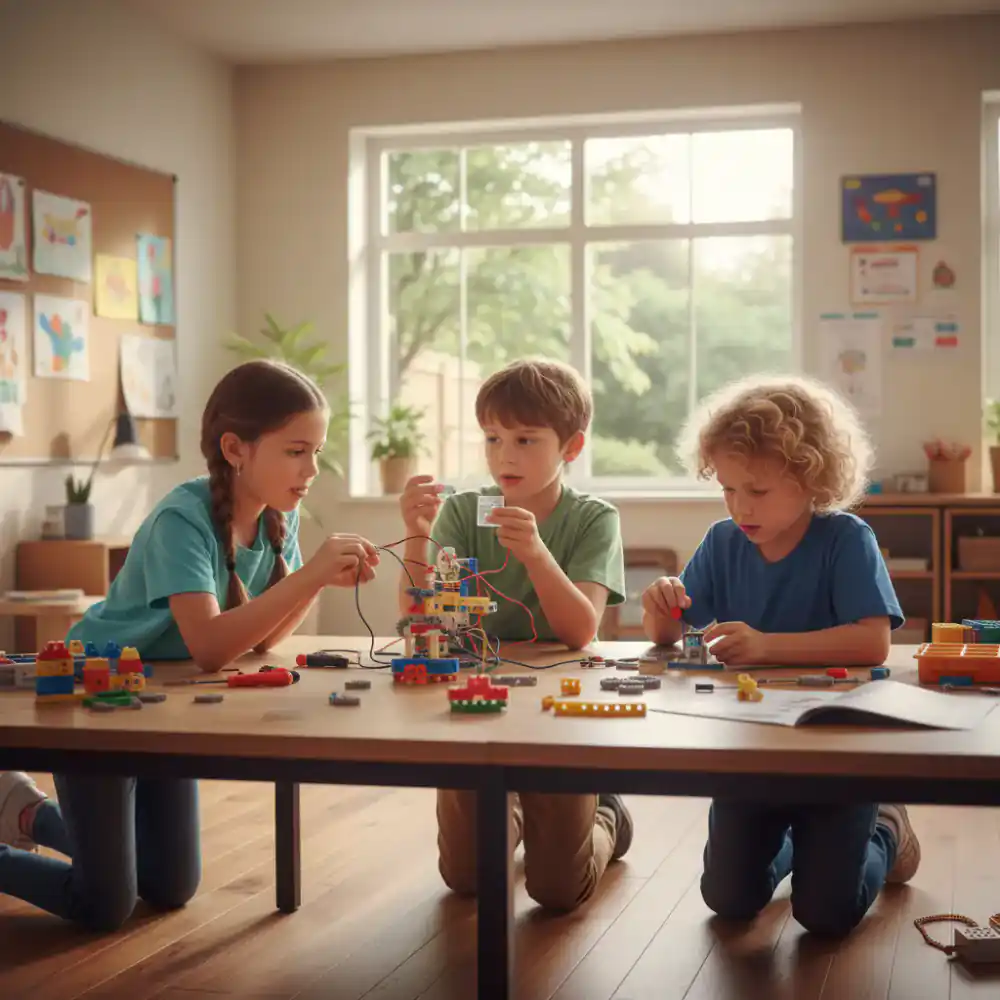 Niños muy concentrados colaborando en una actividad de mesa