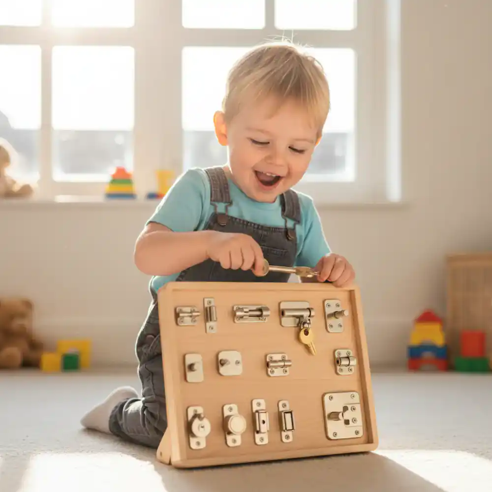 Niño interactuando felizmente con un tablero de cerraduras de madera